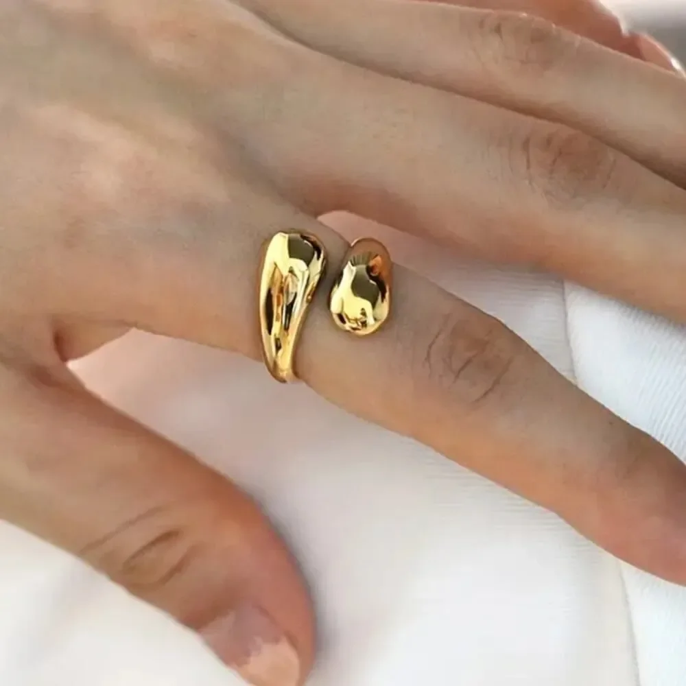 Smooth Double Ball Beads Rings Adjustable Gold Tone Geometric Style Fashion Ring